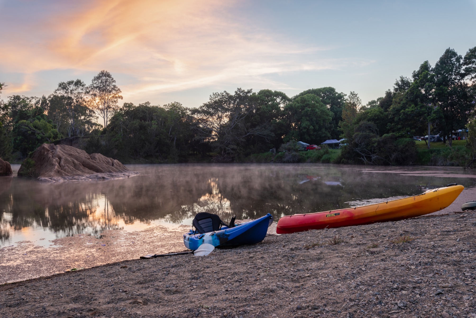 Morning mist and kayaks beside Yabba Creek
